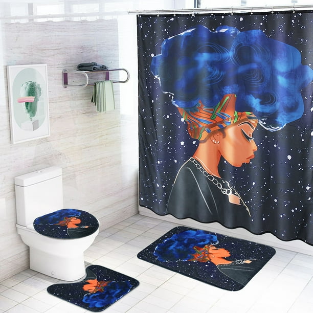 African Girl Shower Curtain Bathroom Rug Set Bath Mat Non-Slip Toilet Lid Cover